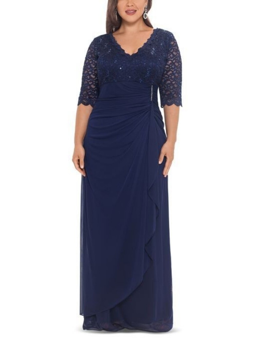 B&A by Betsy and Adam Womens Lace V-Neck Evening Dress